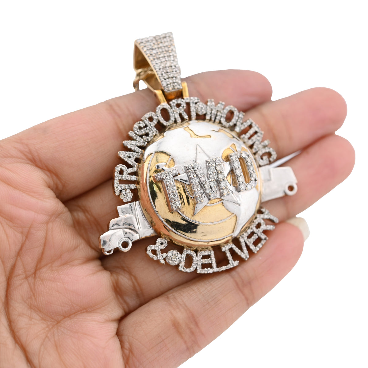 10K Yellow Gold "Transport, Moving & Delivery" Globe Truck 2CT Natural Diamond Men Pendant Charm — view 5