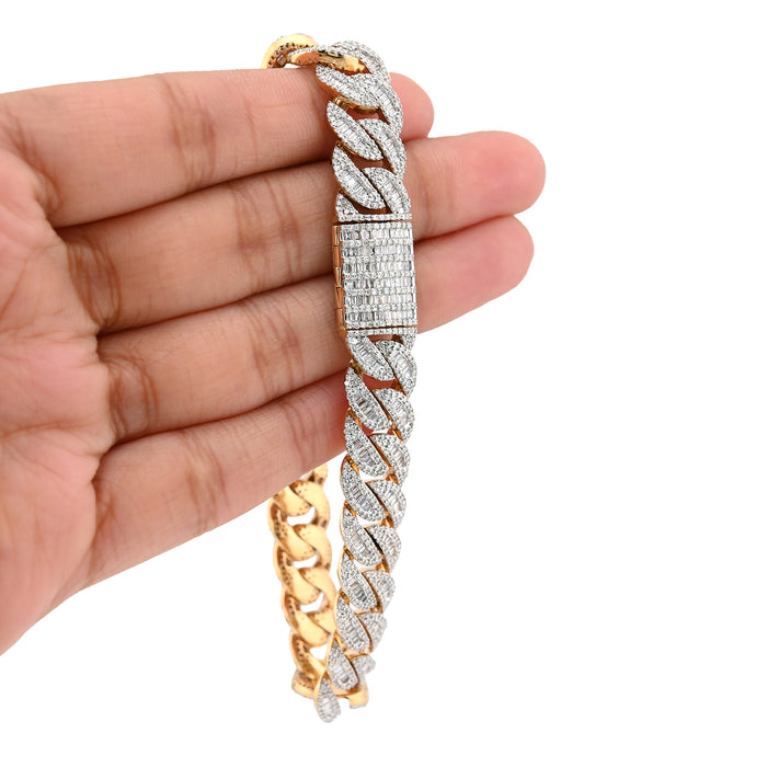 10K yellow Gold 12MM Natural Diamond 6.80CT Round/Baguette Cuban Link Bracelet 8" 40.3g — view 1