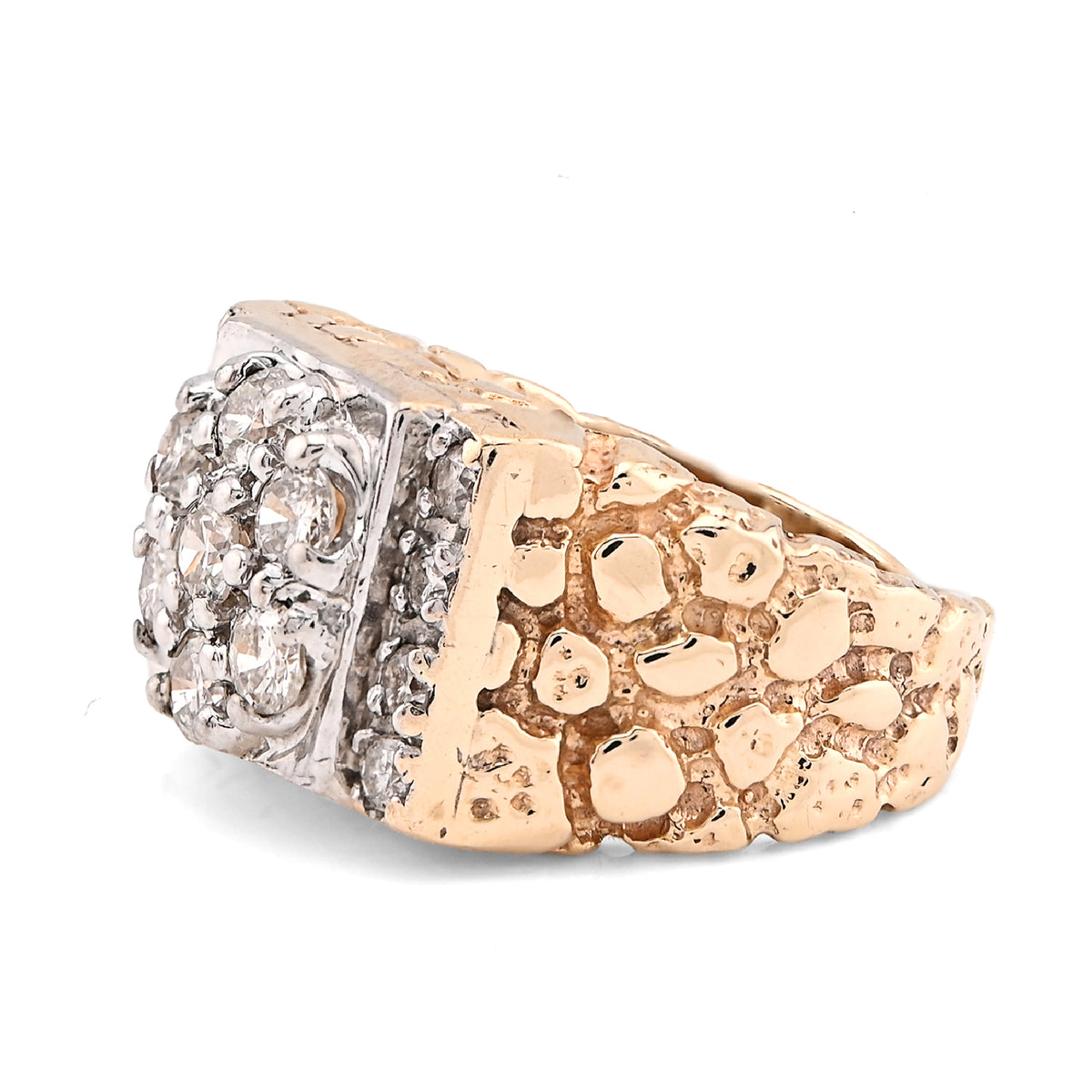 10K Yellow Gold Flower Cluster Centre Rectangular 1.62CT Natural Diamond Nugget Men Ring — view 4