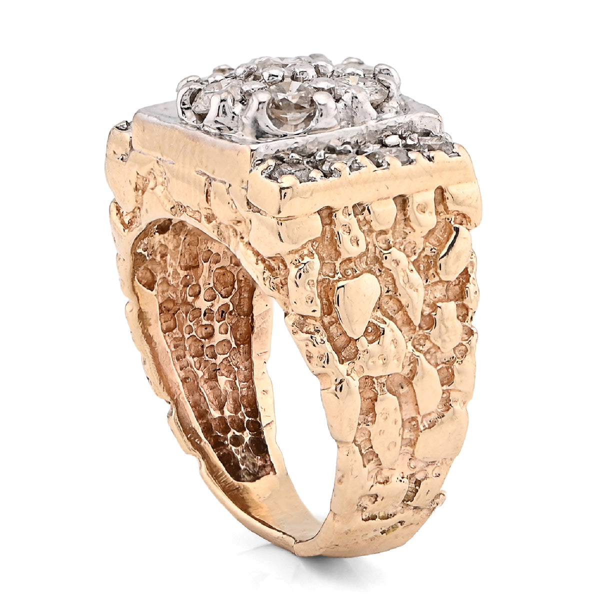 10K Yellow Gold Flower Cluster Centre Rectangular 1.62CT Natural Diamond Nugget Men Ring — view 7