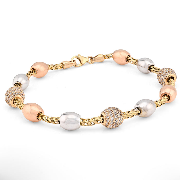 14K White/Yellow/Rose Gold 2.27CT Natural Diamond Round Bead Franco Link 41.4g Bracelet  — view 1