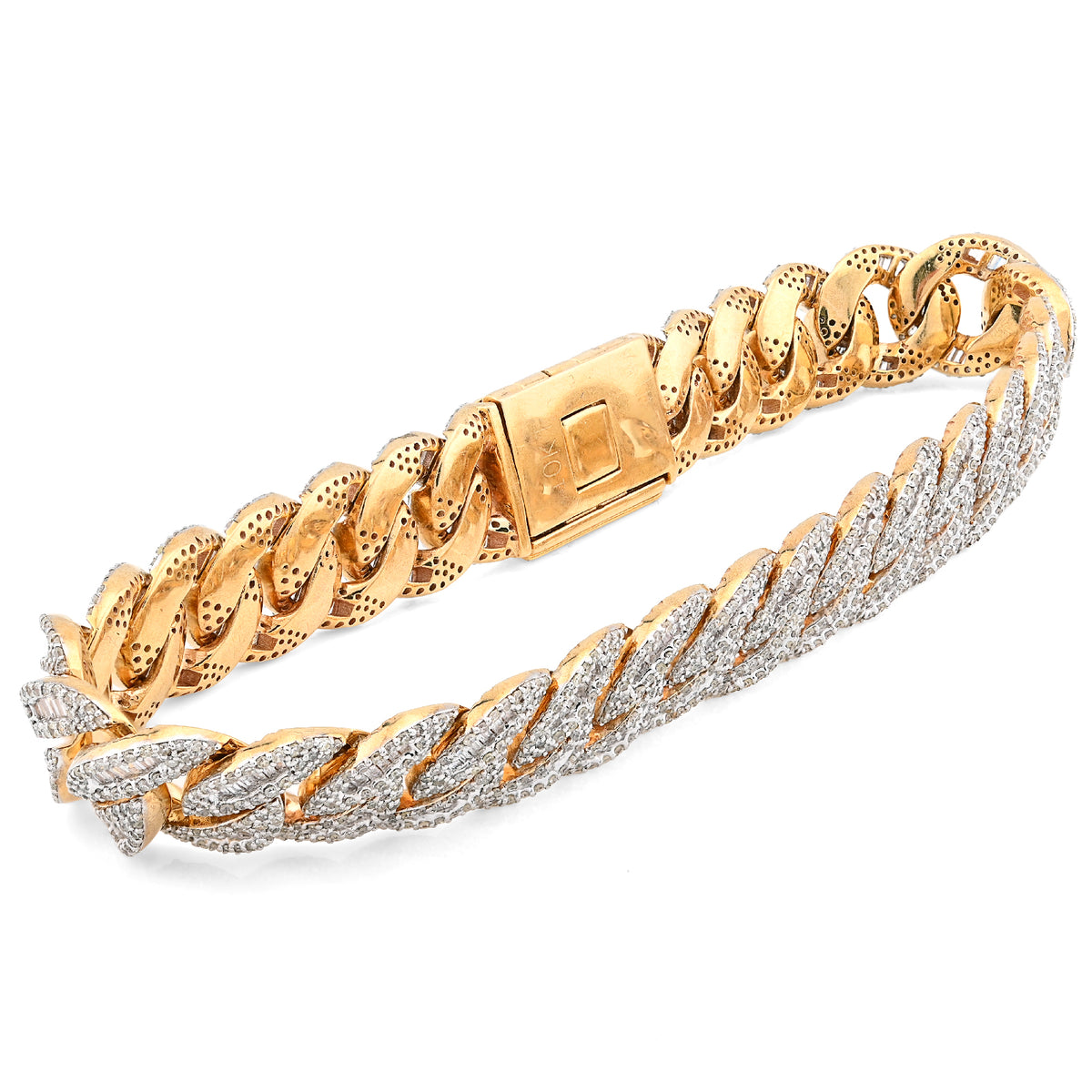 10K yellow Gold 12MM Natural Diamond 6.80CT Round/Baguette Cuban Link Bracelet 8" 40.3g — view 9