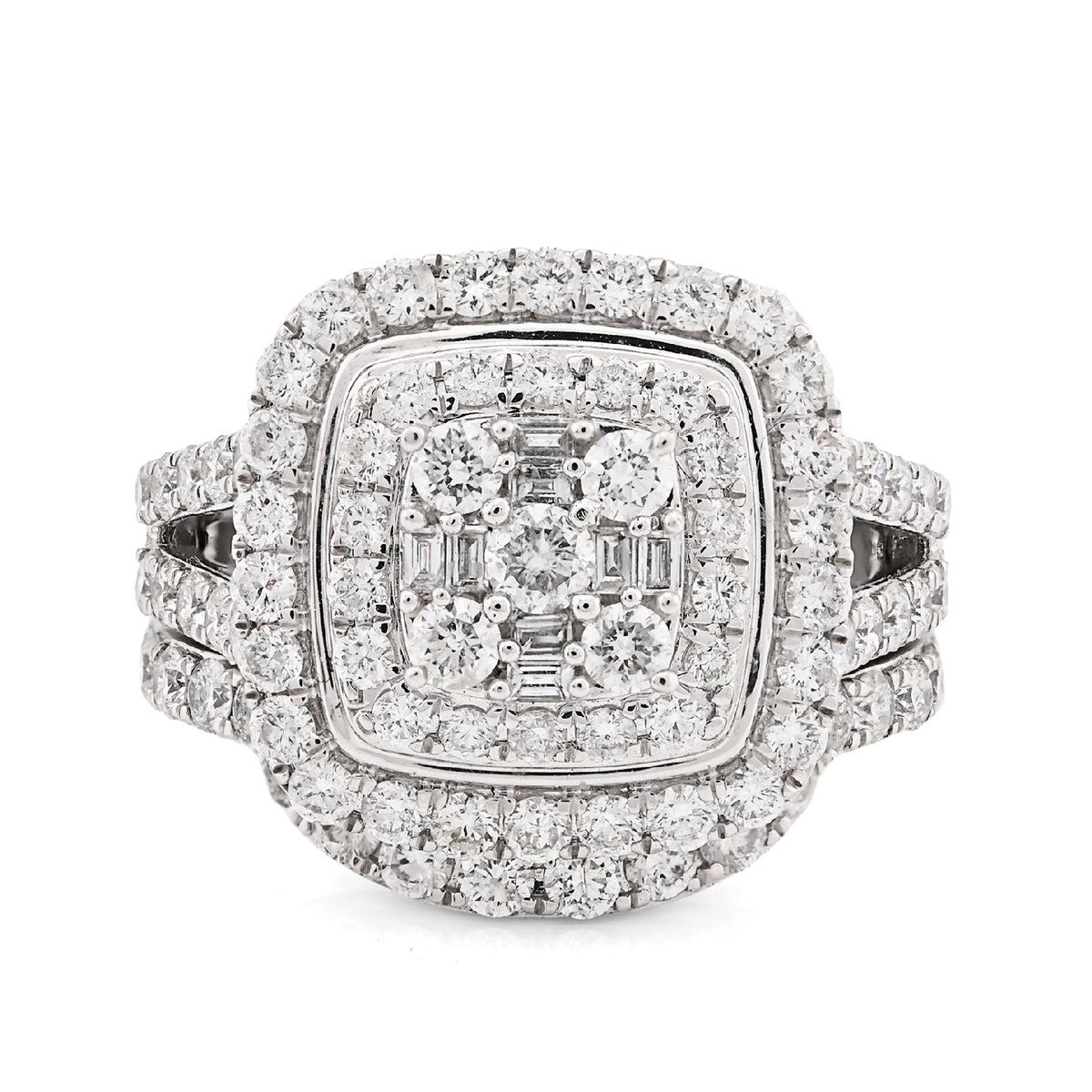 14K White Gold 1.98CT Natural Diamond Round/Baguette Big Square Women Ring Wedding Band — view 1