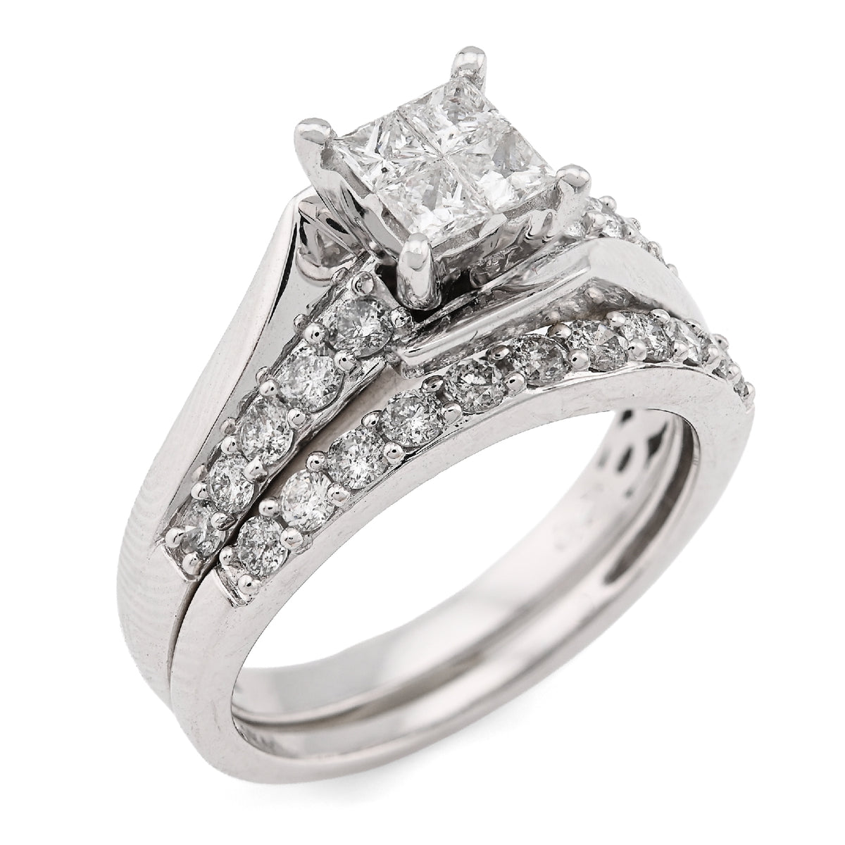 14K White Gold 1CT Natural Diamond Princess Cut/Round Square Women Ring Wedding Band — view 7