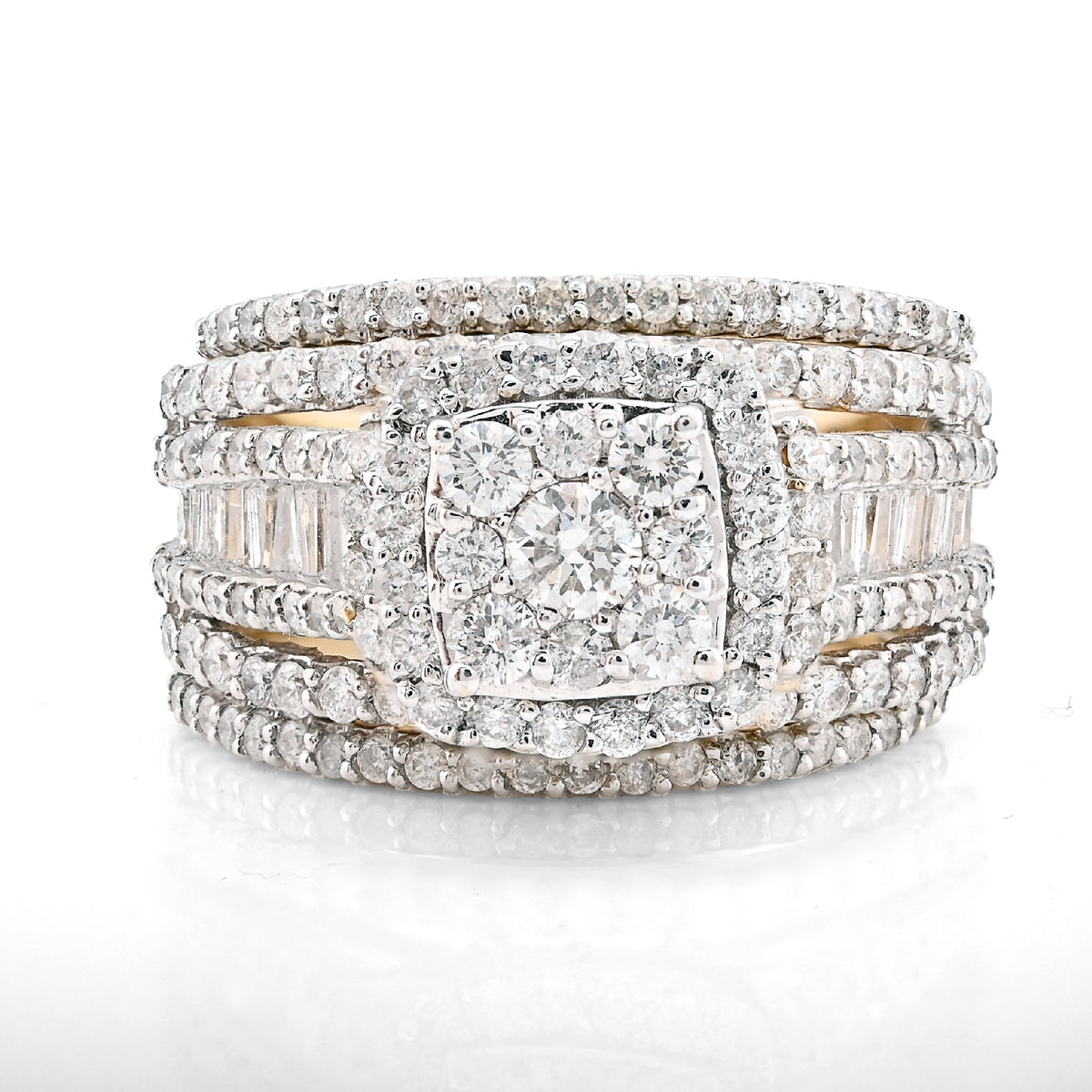 14K yellow Gold Round/Baguette 2.10CT Natural Diamond 3 band Square centre Women Wedding Ring Band — view 1