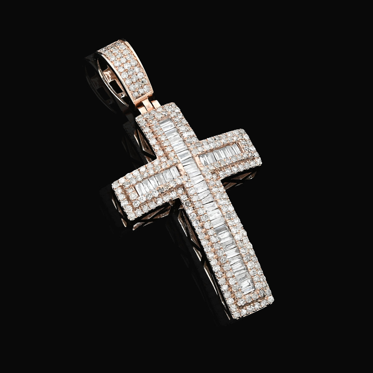 10K Rose Gold 2 CT Round & Baguette Natural Diamond Cross Religious Pendant 5.9 g Men Charm — view 8
