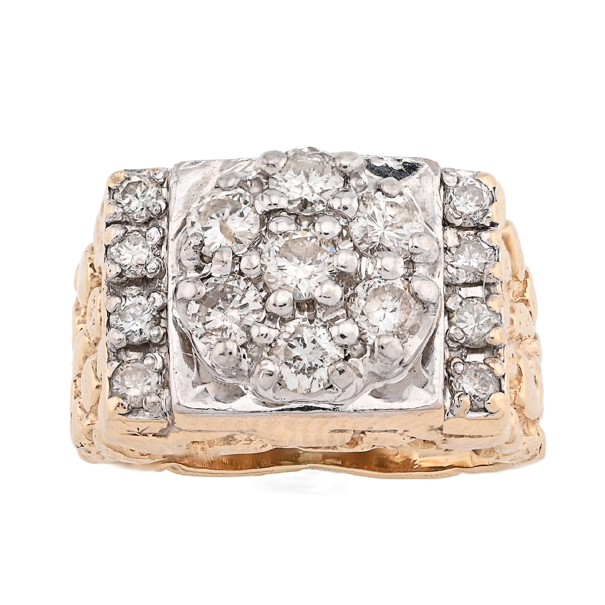 10K Yellow Gold Flower Cluster Centre Rectangular 1.62CT Natural Diamond Nugget Men Ring — view 2