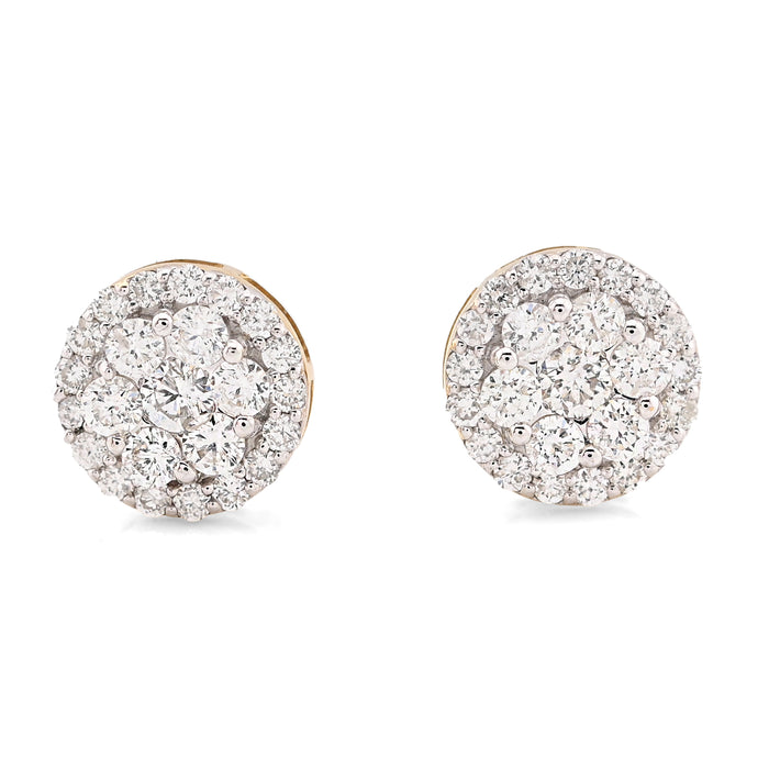 10K Yellow Gold 1.37CT Halo Cluster Flower Studs Natural Diamond Men Women Earrings — view 1