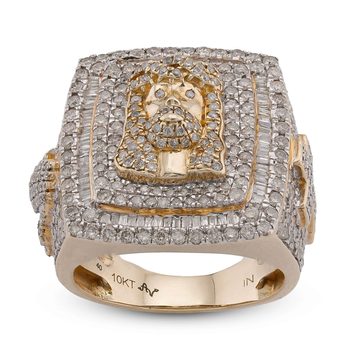 10K Yellow Gold Rectangular Shape Jesus Head w/ Cross Baguette Natural Diamond Men Pinky Ring — view 6