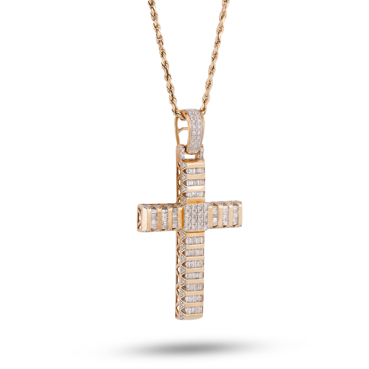 Cross Pendant 10K Yellow Gold 2ct Natural Diamond Round/Baguette Mens Womens Charm