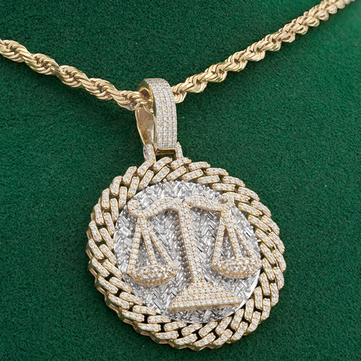 Libra Scale Cuban Link Edge Charm Baguette/Pointer 1.9ct Natural Diamond 10K Gold Men Women Pendant