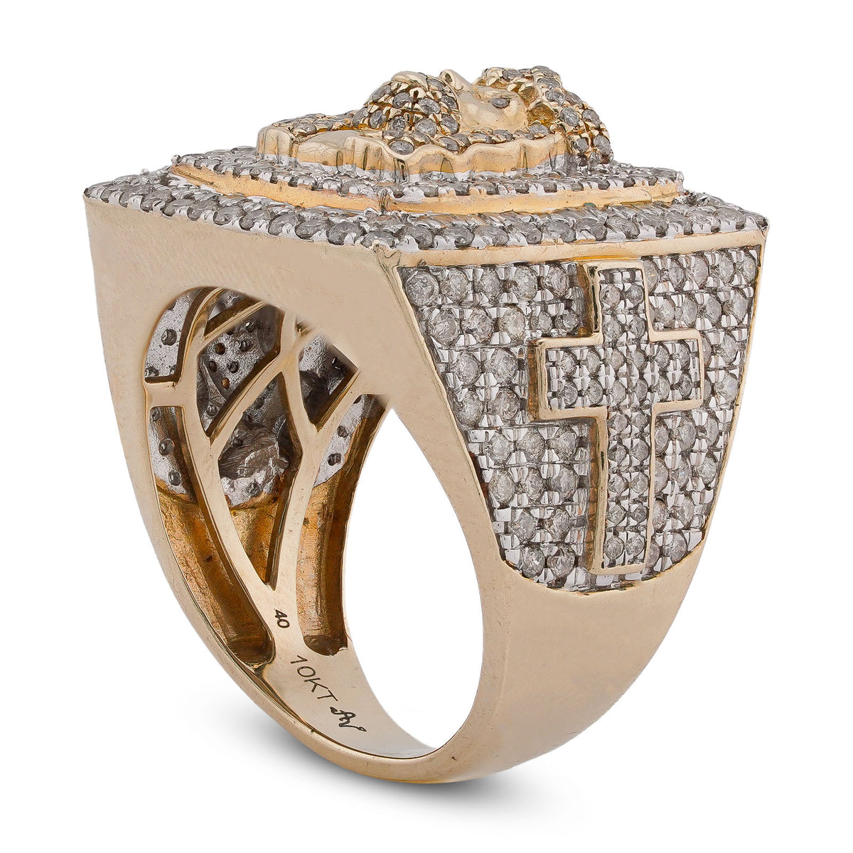 10K Yellow Gold Rectangular Shape Jesus Head w/ Cross Baguette Natural Diamond Men Pinky Ring — view 5