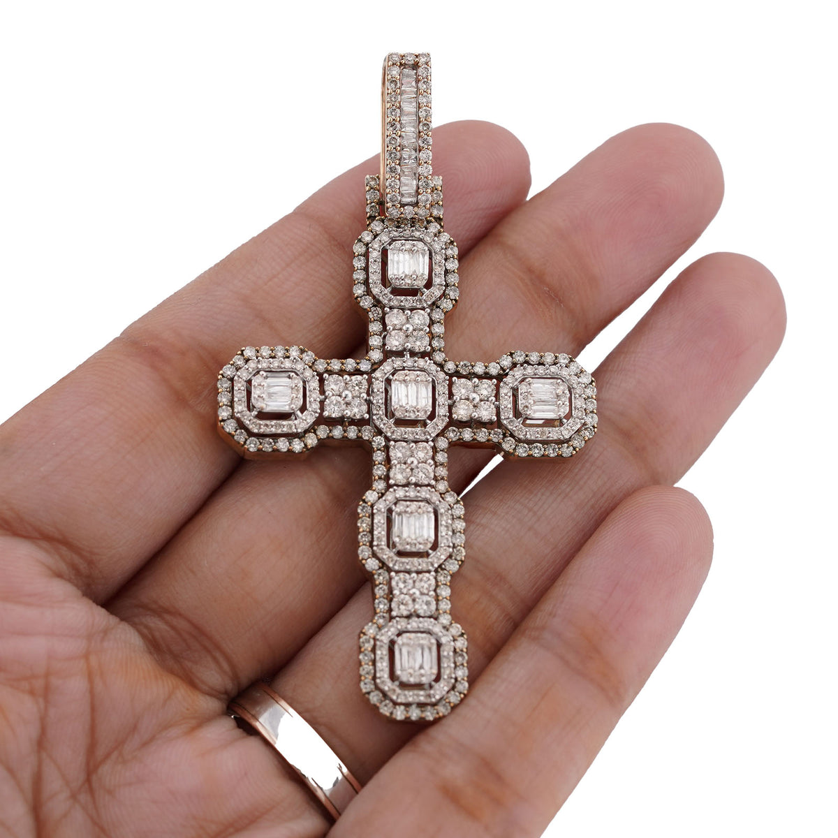 10K Yellow Gold 6.75CT Block Cross Pendant Round/Baguette Natural Diamond Charm — view 9