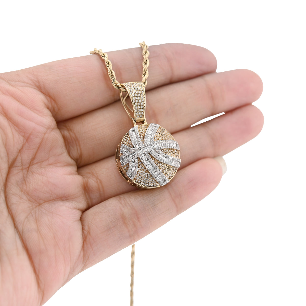 10K Yellow Gold Round/Baguette Natural Diamond Basket Ball Men Charm Pendant 34.8MM 14.8G — view 6