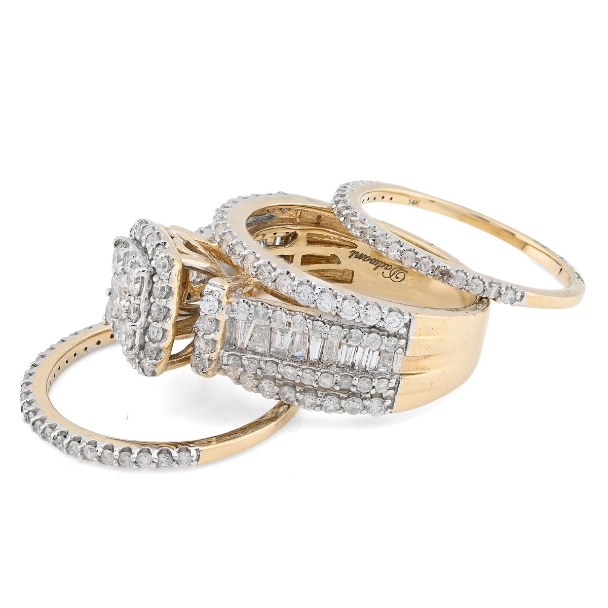 14K yellow Gold Round/Baguette 2.10CT Natural Diamond 3 band Square centre Women Wedding Ring Band — view 5