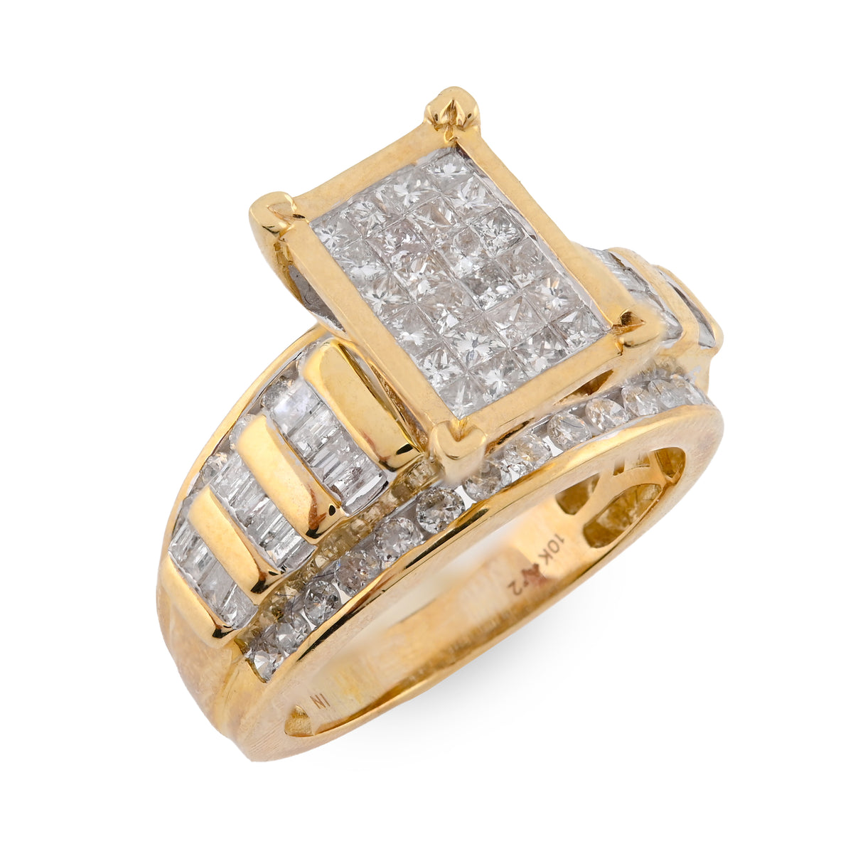 10K Yellow Gold 1.50CT Natural Diamond Rectangular Centre Round/Princess cut/Baguette Women Wedding Ring — view 3