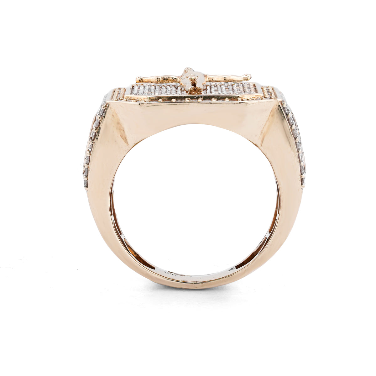 10K Yellow Gold Octagon Shape 3.95CT Natural Diamond Hanging Jesus Men Pinky Ring — view 3