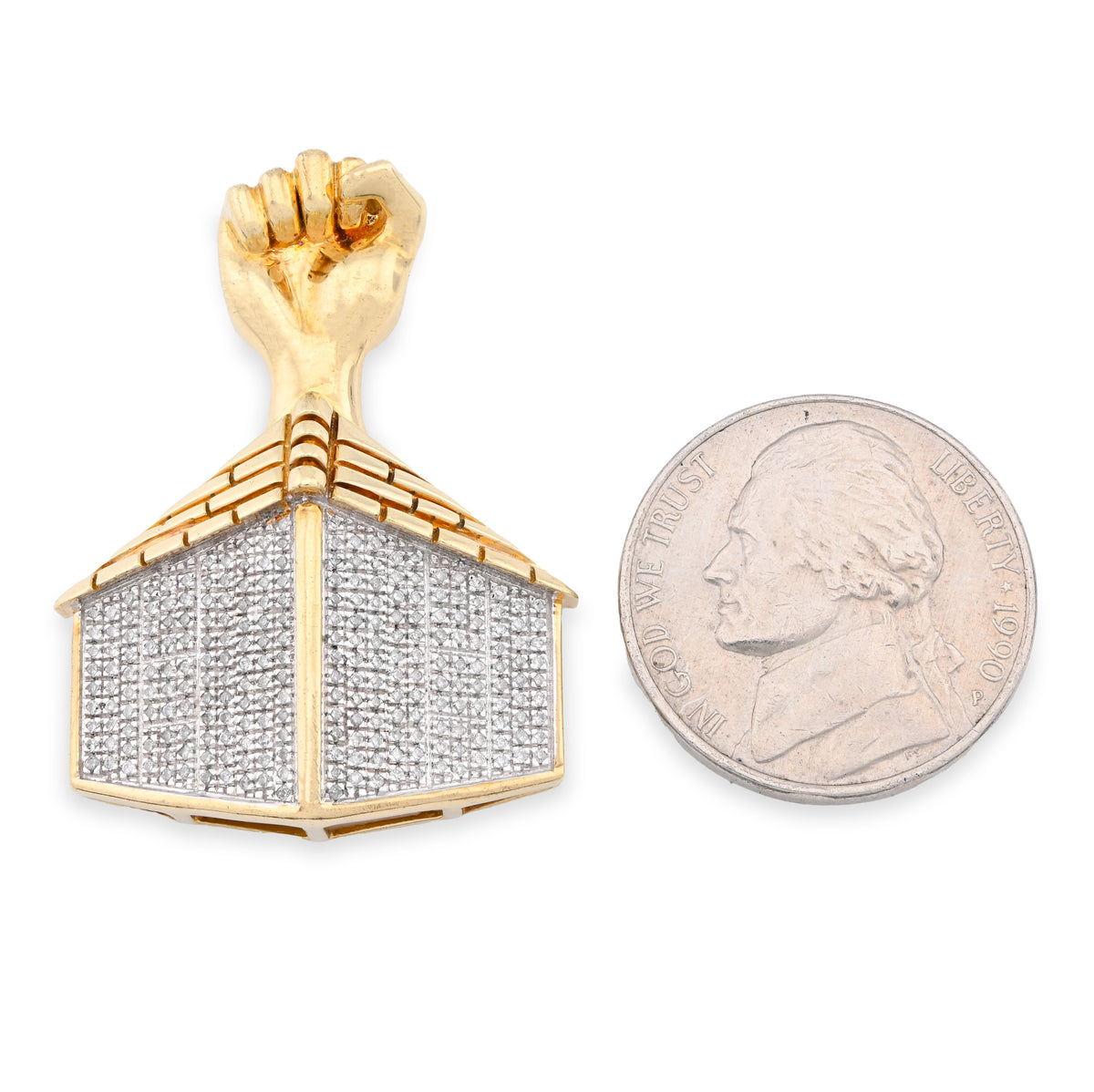10K Yellow Gold House Shape Pendant Close Fist 1.10CT Natural Diamond Men Women Charm — view 4