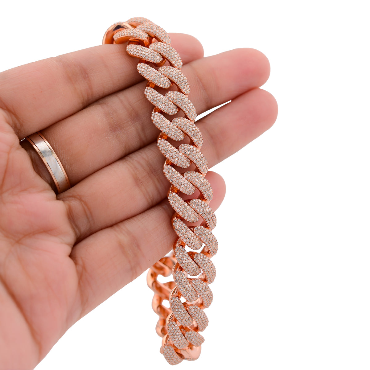Cuban Link Rose 12MM Natural Diamond 7.375CT 925 Silver Men Bracelet 8" — view 8
