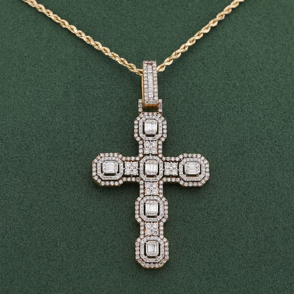 10K Yellow Gold 6.75CT Block Cross Pendant Round/Baguette Natural Diamond Charm — view 4