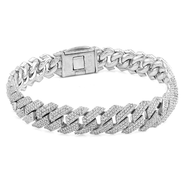925 SS 7.23CT Natural Diamond Snake Cuban Link 12MM Mens 8" Bracelet 47.2g — view 1