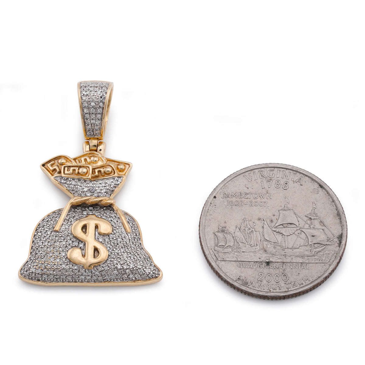 10K Yellow Gold Money Bag "$" Natural Diamond 1.5CT Men Women Charm Pendant — view 6