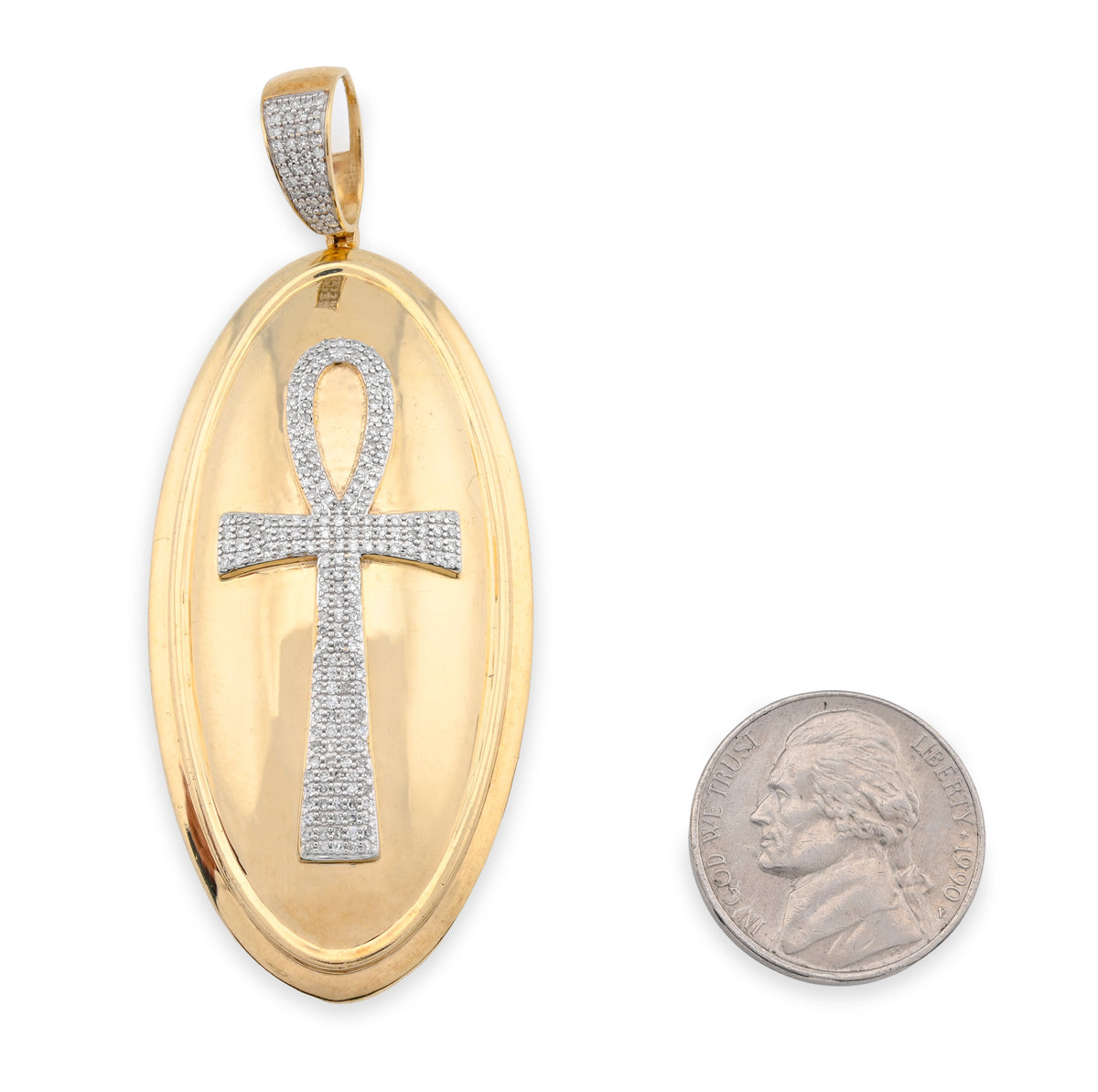 10K Yellow Gold 0.65CT Natural Diamond Oval Ankh Cross Pendant Men Women Religious Charm — view 6