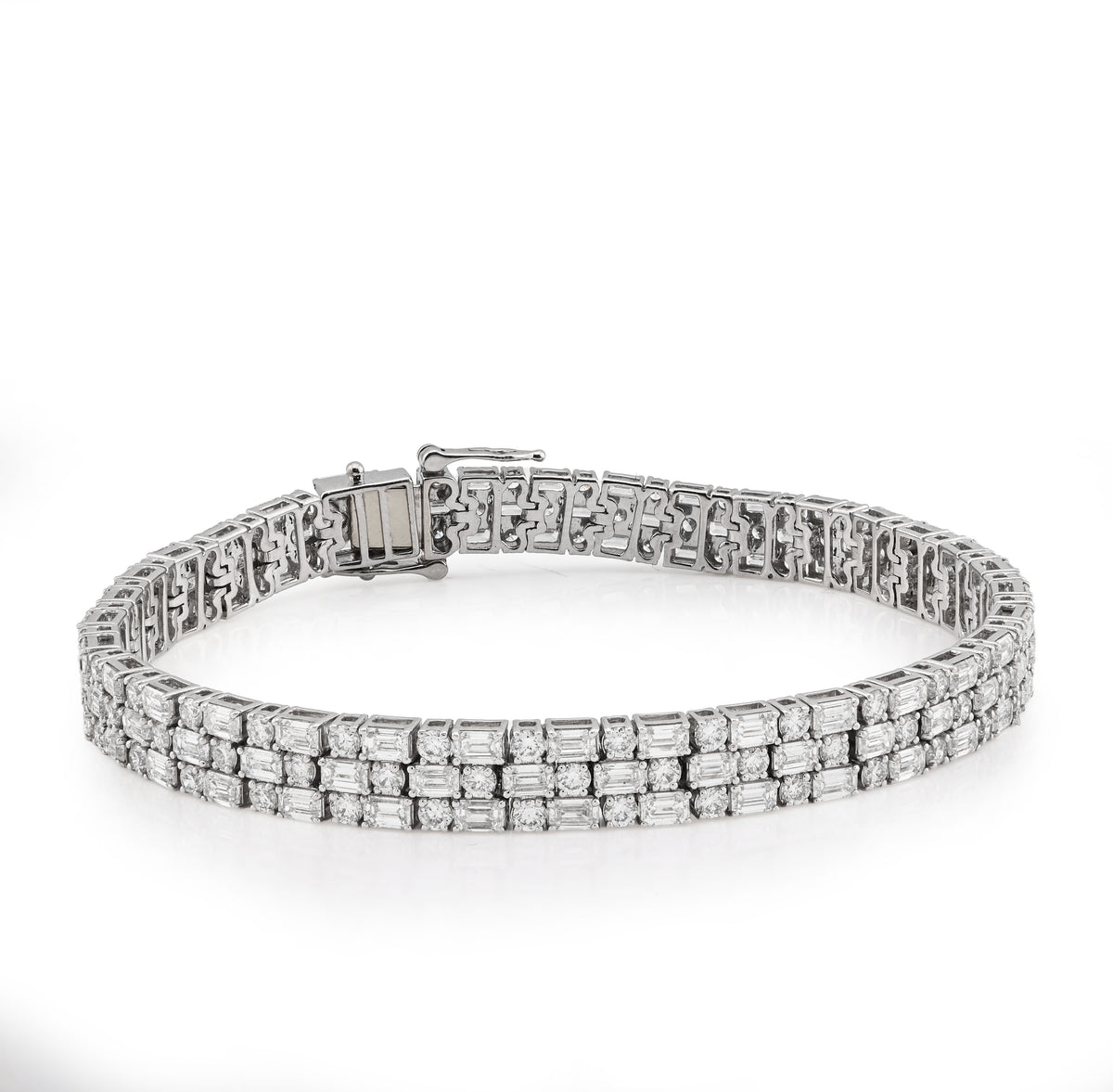 14K White Gold 11.25CT Lab Diamond Three Row Round/Baguette 6.5MM Men Women 7.25" Tennis Bracelet — view 6