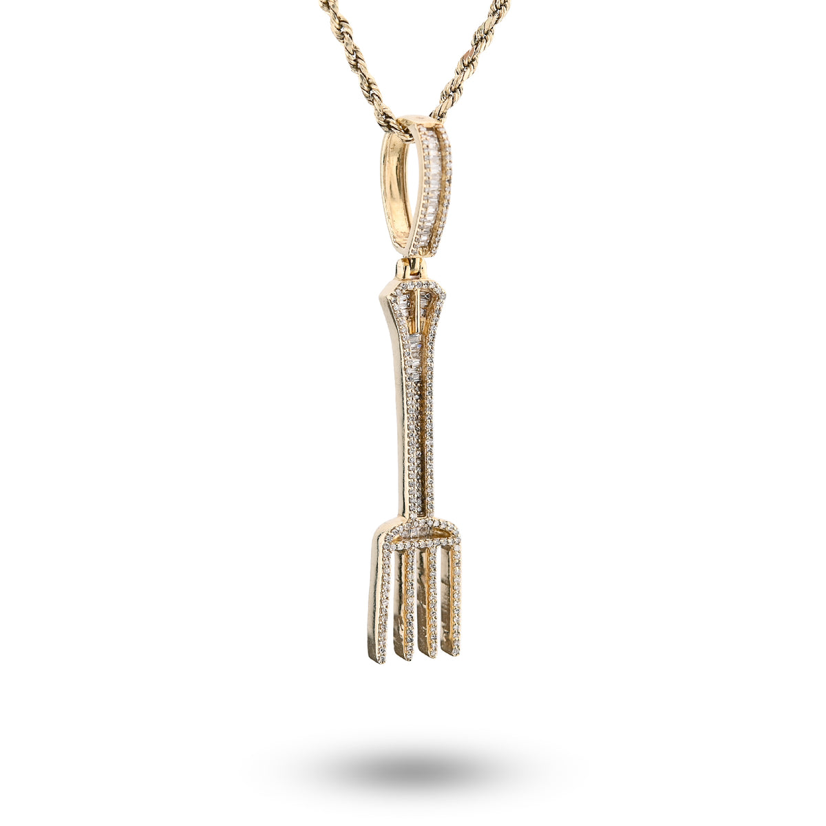 10K Yellow Gold 0.70Ct Natural Diamond Round/Baguette Fork Pendant 2.5" Men Women Pendant 7.8G — view 2