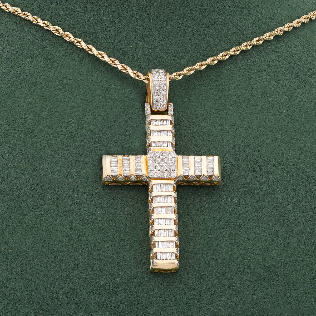 Cross Pendant 10K Yellow Gold 2ct Natural Diamond Round/Baguette Mens Womens Charm