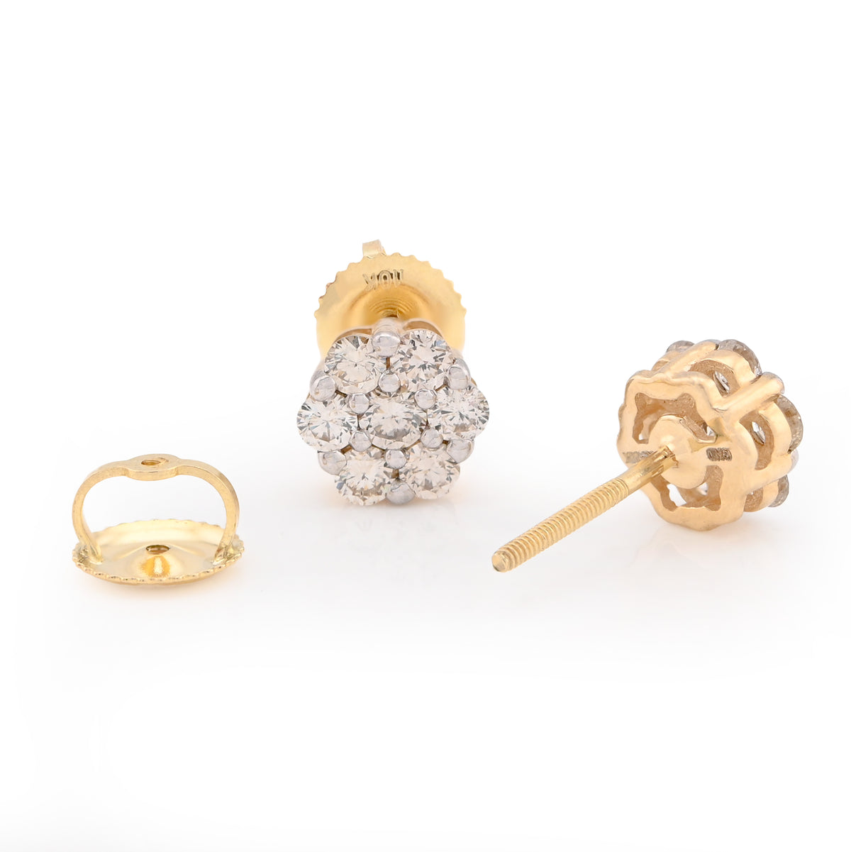 10K Yellow Gold Flower Cluster Stud 0.75CT Natural Diamond Women Men Earrings — view 4