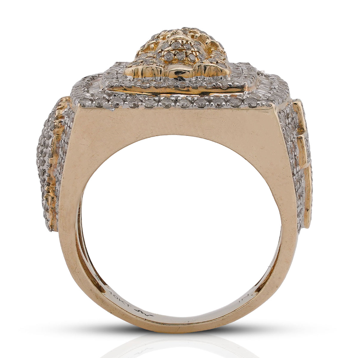 10K Yellow Gold Rectangular Shape Jesus Head w/ Cross Baguette Natural Diamond Men Pinky Ring — view 4