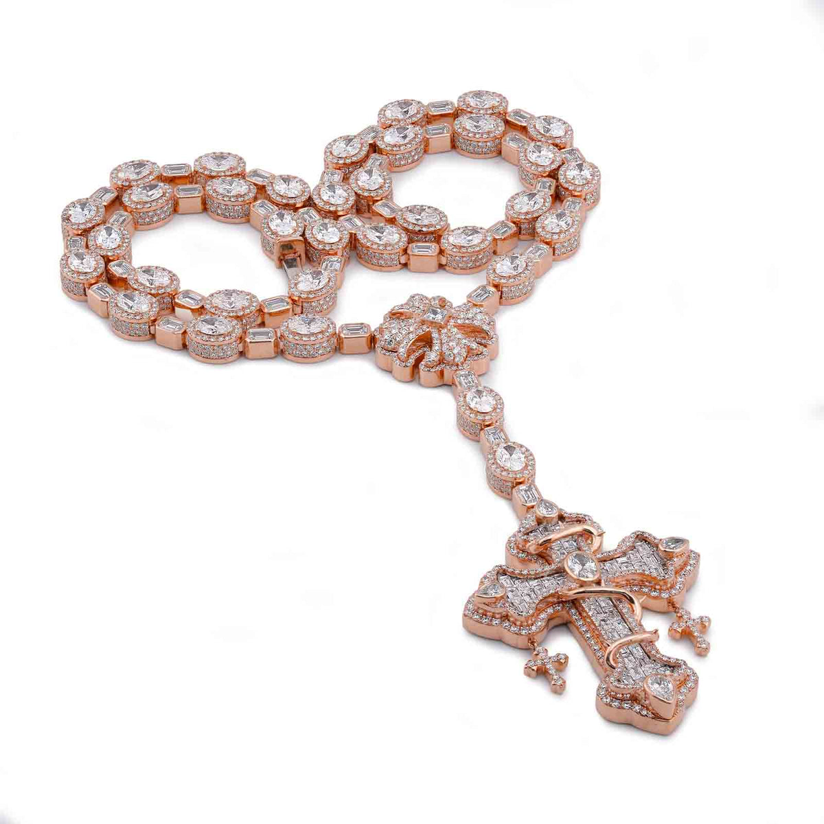925 Rose/White 60.61CT Oval/Emerald/PRincess/Pear Solitaire Cross Lab Diamond Men Women Rosary Chain — view 8