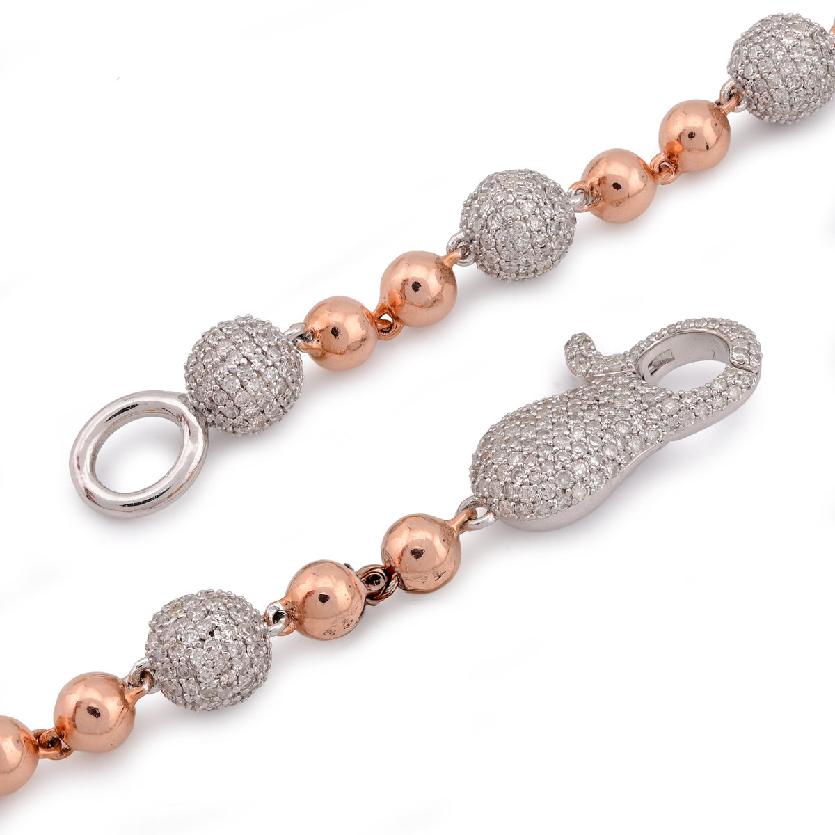 Bead Ball Chain Rose/White 10K Gold Natural Diamond 9.96CT 22" Necklace — view 5