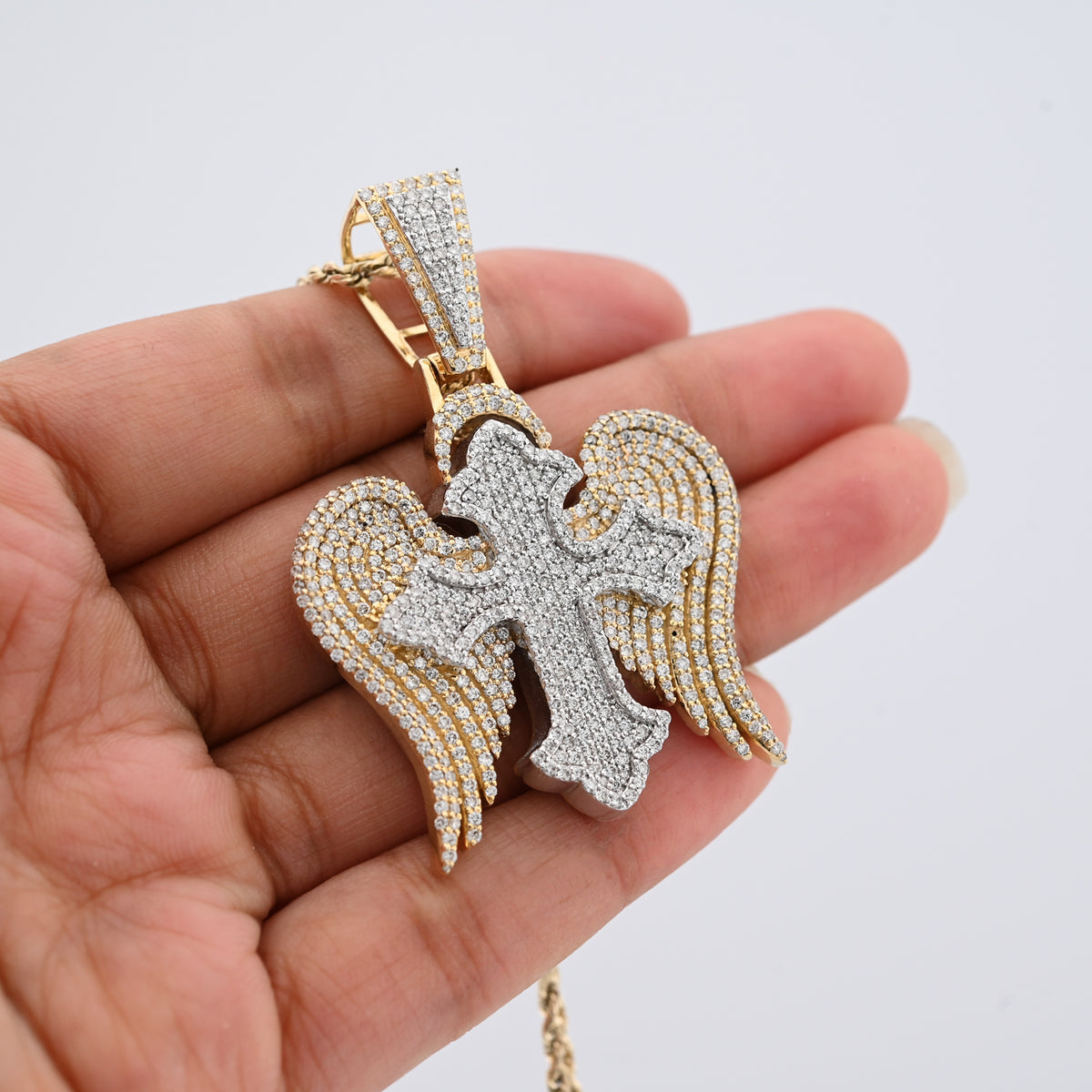 10K Yellow & WHite Gold 2 Tone 4.3CT Natural Diamond 3D angelic wing Cross 2.25" Men Women Charm — view 5