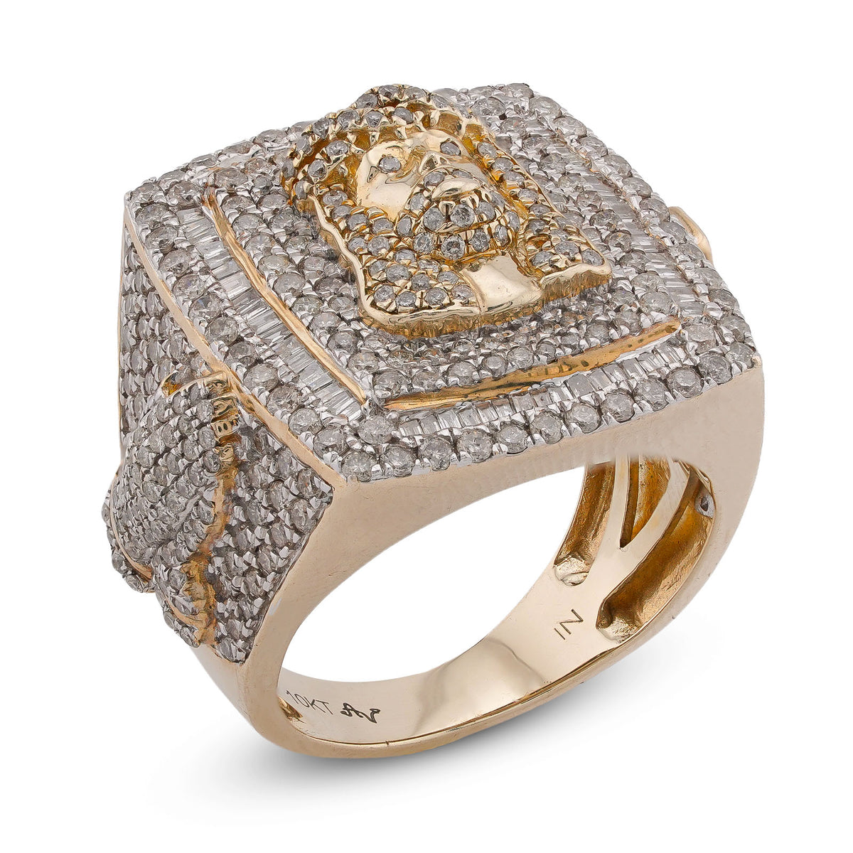 10K Yellow Gold Rectangular Shape Jesus Head w/ Cross Baguette Natural Diamond Men Pinky Ring — view 7
