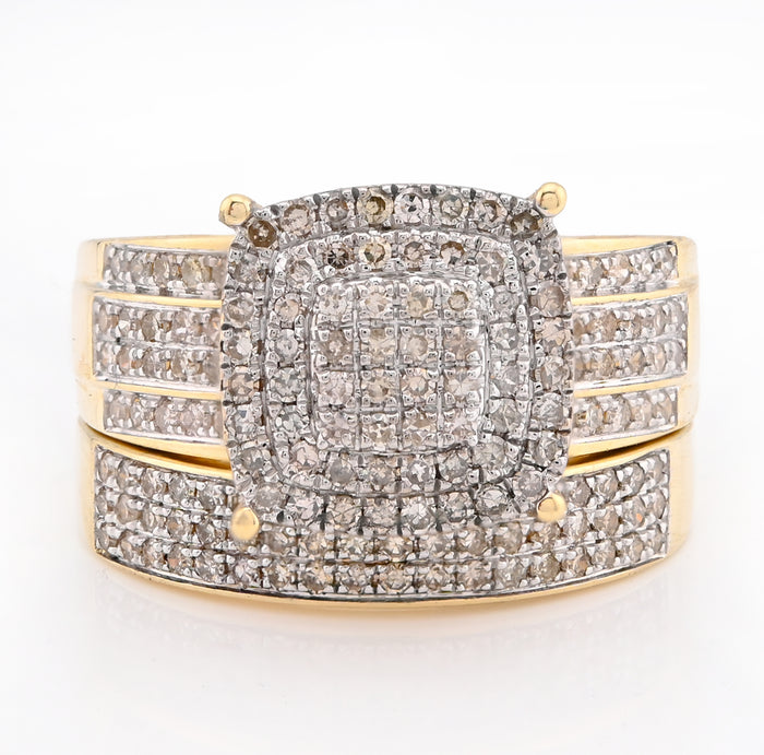 10K Yellow Gold Women 2 layer Rectangular Wedding Ring 0.99CT Natural Diamond Band — view 1