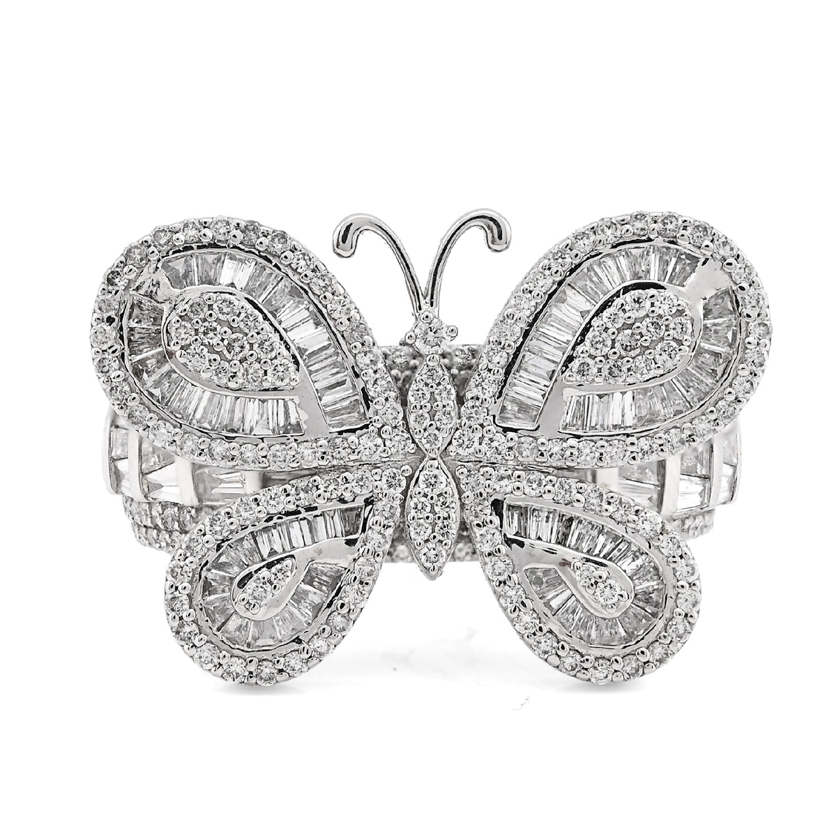 10K White Gold 1.80CT Natural Diamond Round/Baguette Butterfly Women Band 8.2g Ring — view 1