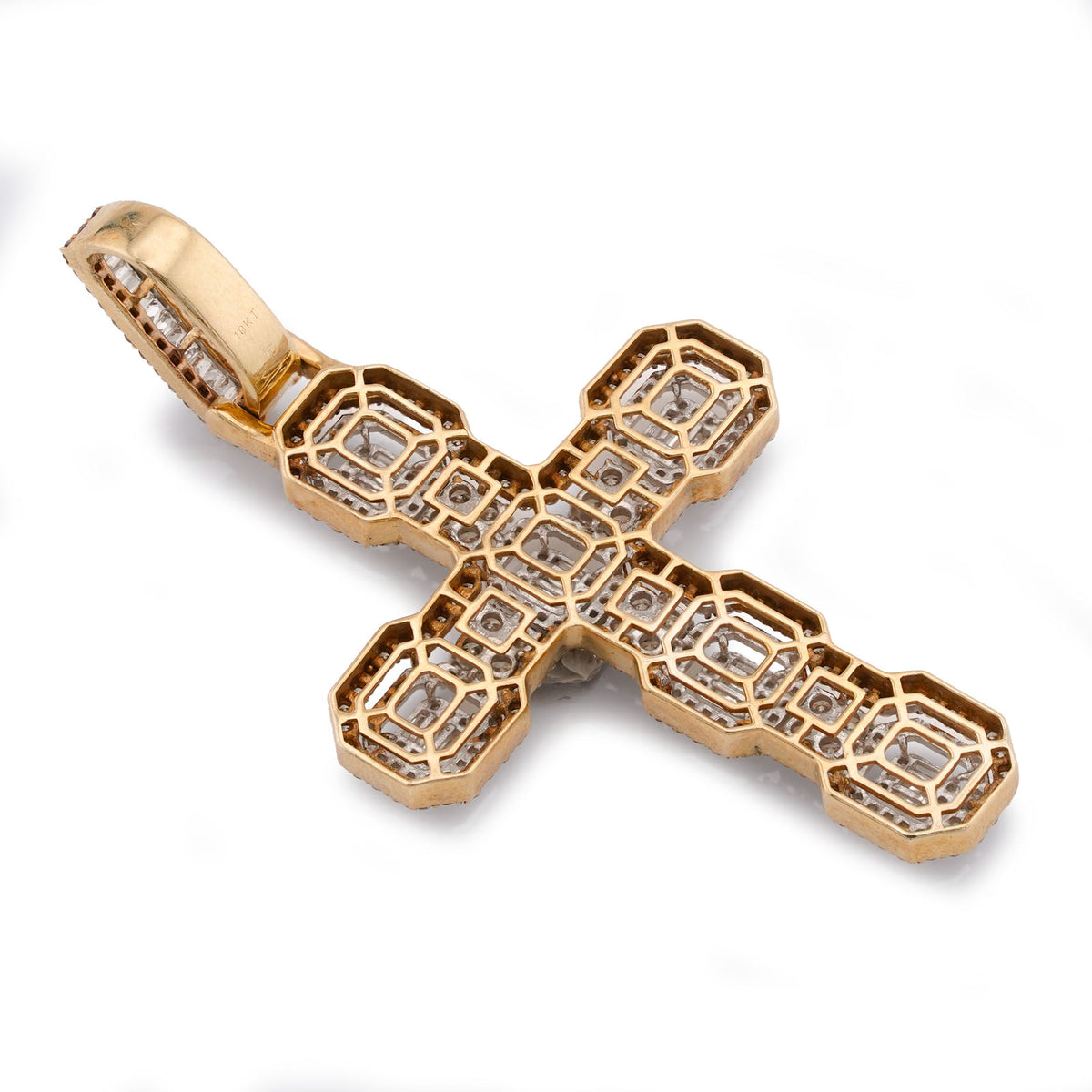 10K Yellow Gold 6.75CT Block Cross Pendant Round/Baguette Natural Diamond Charm — view 7