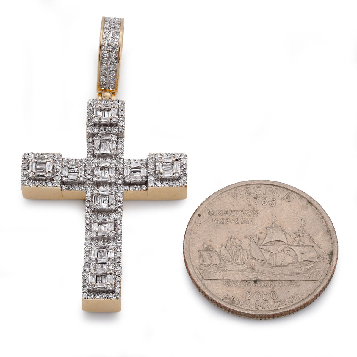 10K Yellow Gold 3CT Natural Diamond Baguette Cross Pendant Men Women Charm — view 5