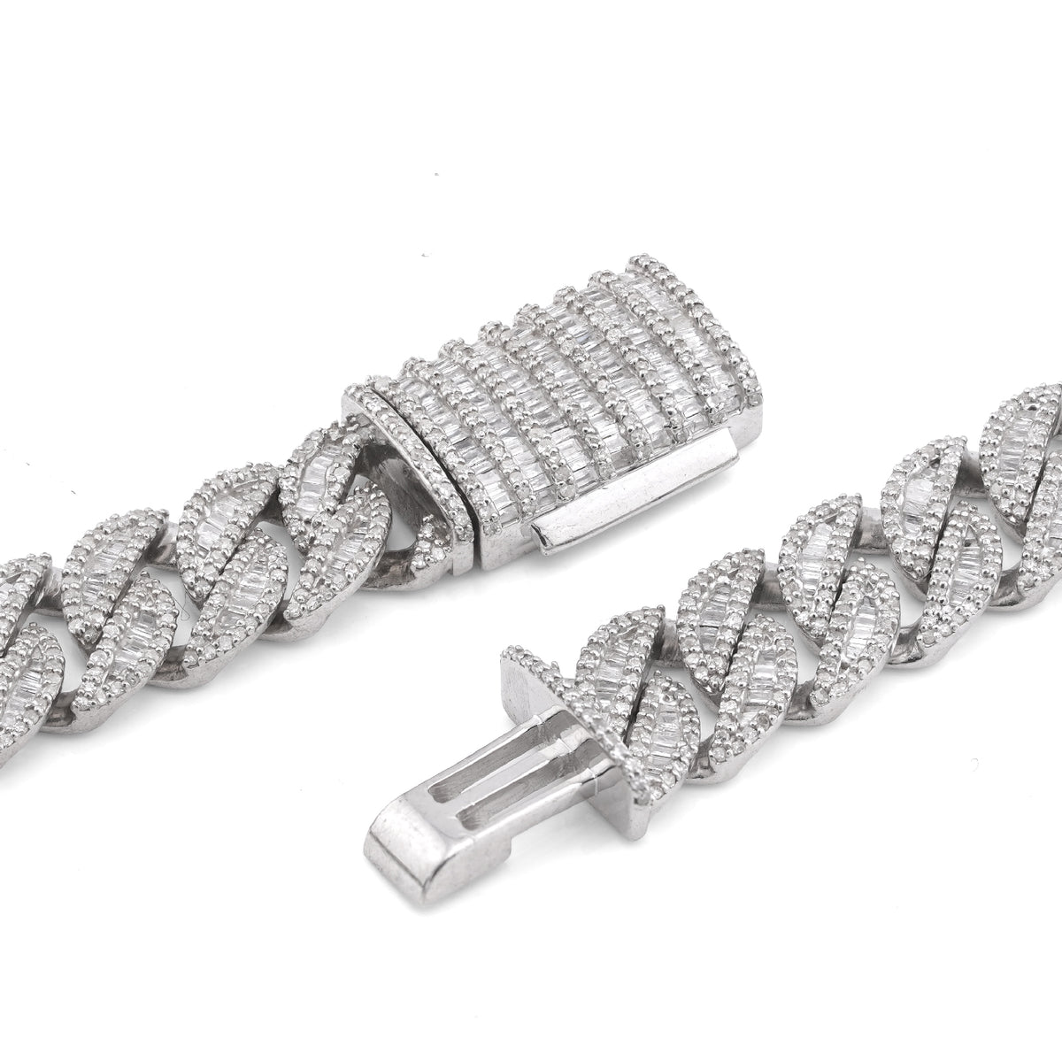 925 SS 16.25CT Natural Diamond Baguette Cuban Link 12MM Men Chain 22" Necklace — view 3