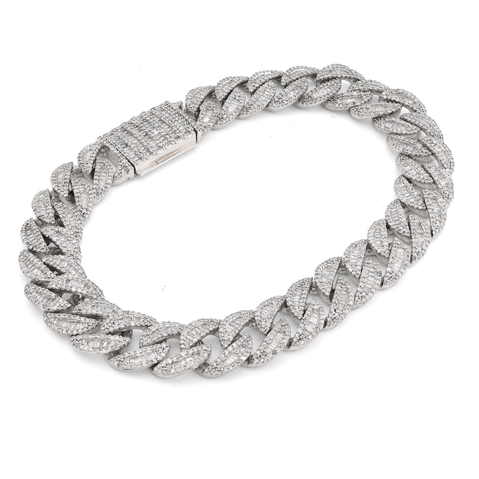 925 SS 6.4CT Natural Diamond Round/Baguette 11MM 8" Cuban Link Men Bracelet 35.6g — view 1