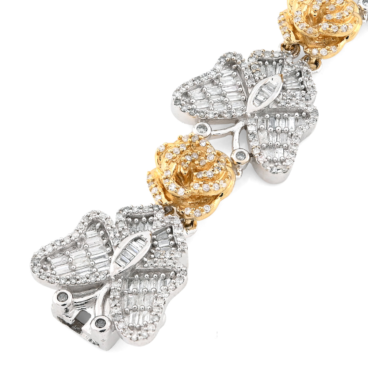 10K Yellow/White Gold 2.6CT Natural Diamond Baguette/Round Butterfly & Flower Link Women 7" Bracelet 26.7g — view 4
