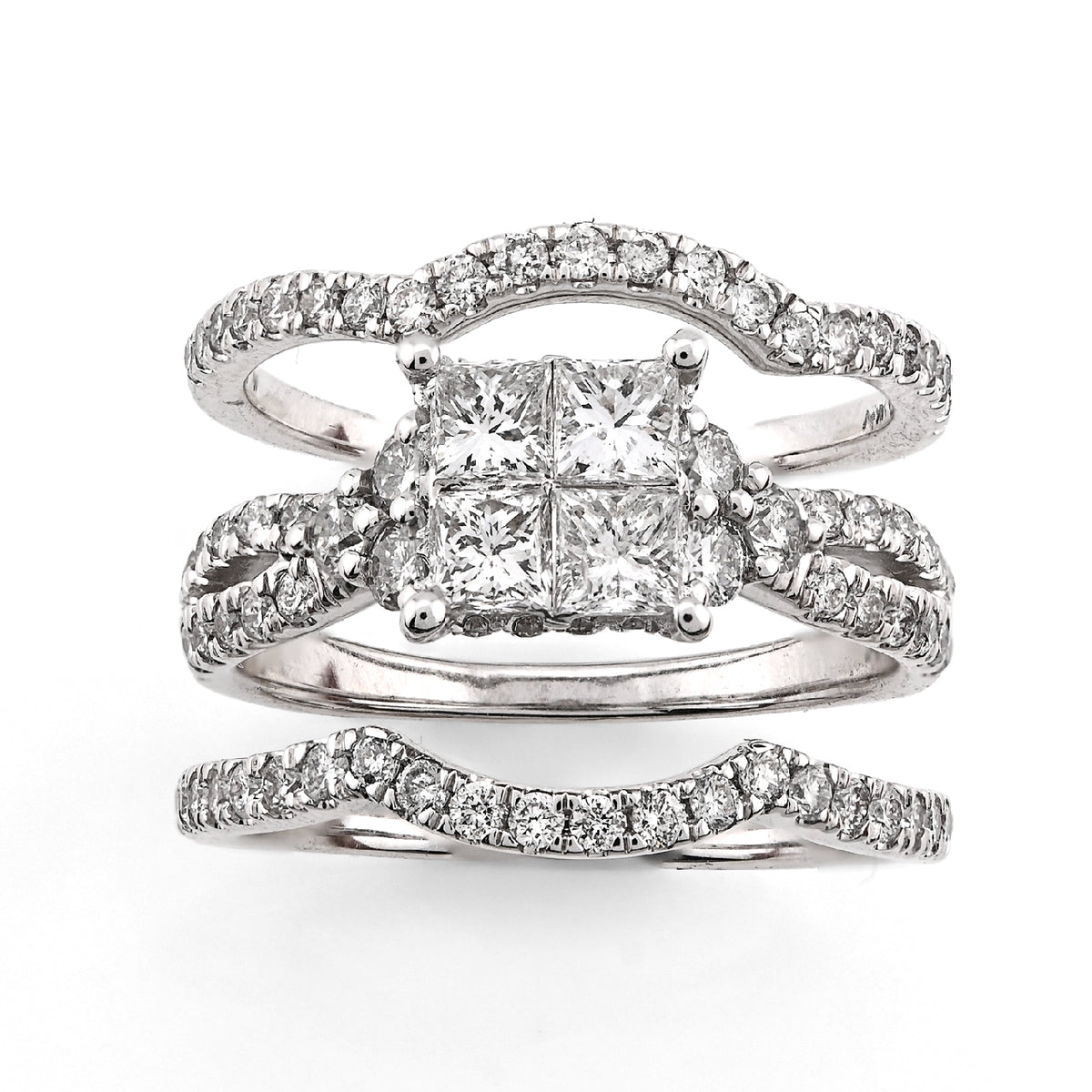 14K White Gold 1.50CT Natural Diamond Princess Cut/Round Square Shape Women 2 Band Wedding Ring — view 6