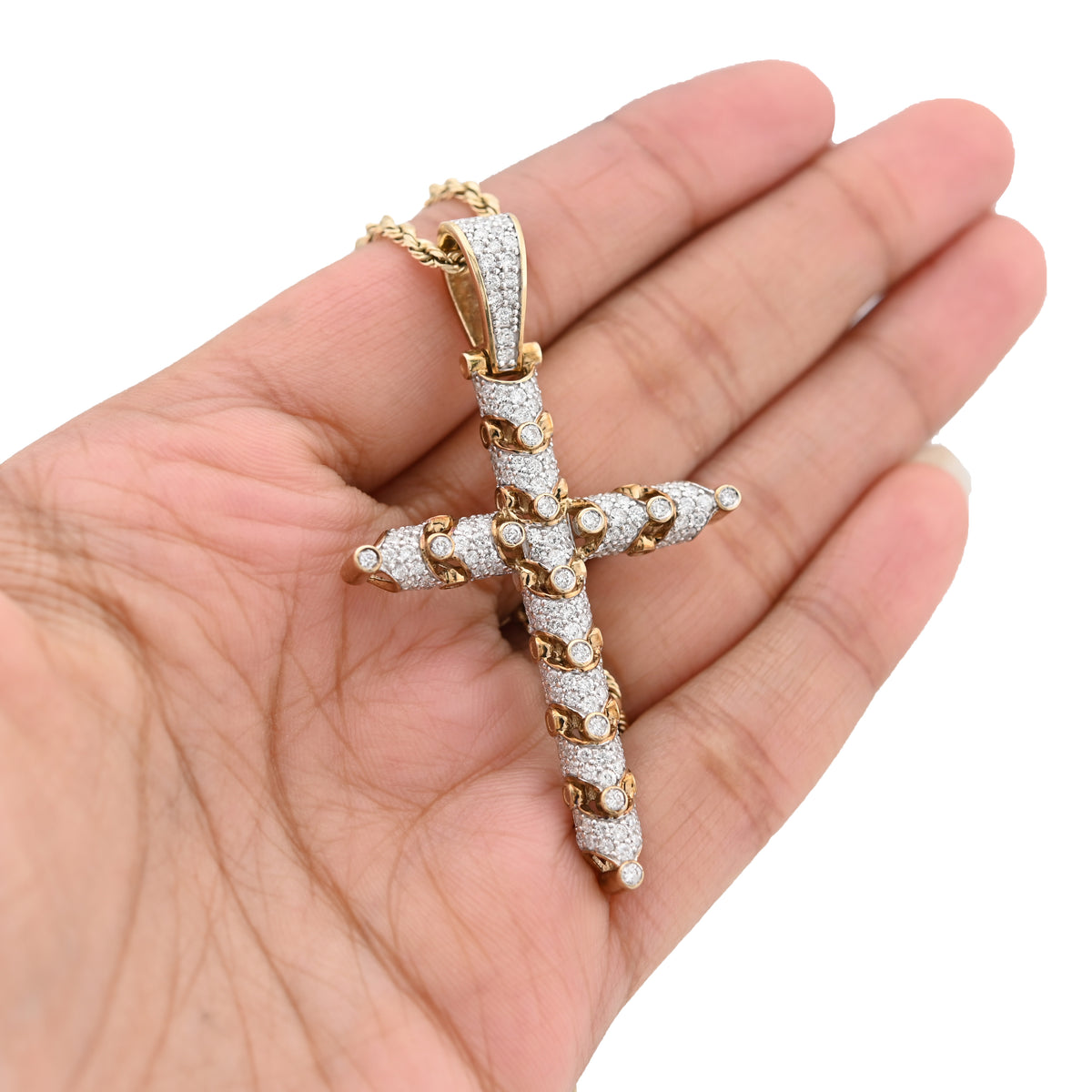 10K Yellow Gold Snake Link Cross Pendant 2.8CT Natural Diamond Religious Men Women Charm — view 4