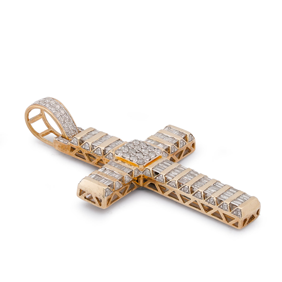 Cross Pendant 10K Yellow Gold 2ct Natural Diamond Round/Baguette Mens Womens Charm