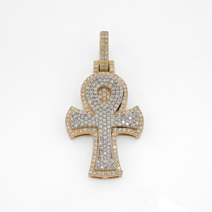 10K Yellow & White Gold 2 Tone 0.88CT Natural Diamond Egyptian Cross Pendant 1.4" Men Women Charm — view 1