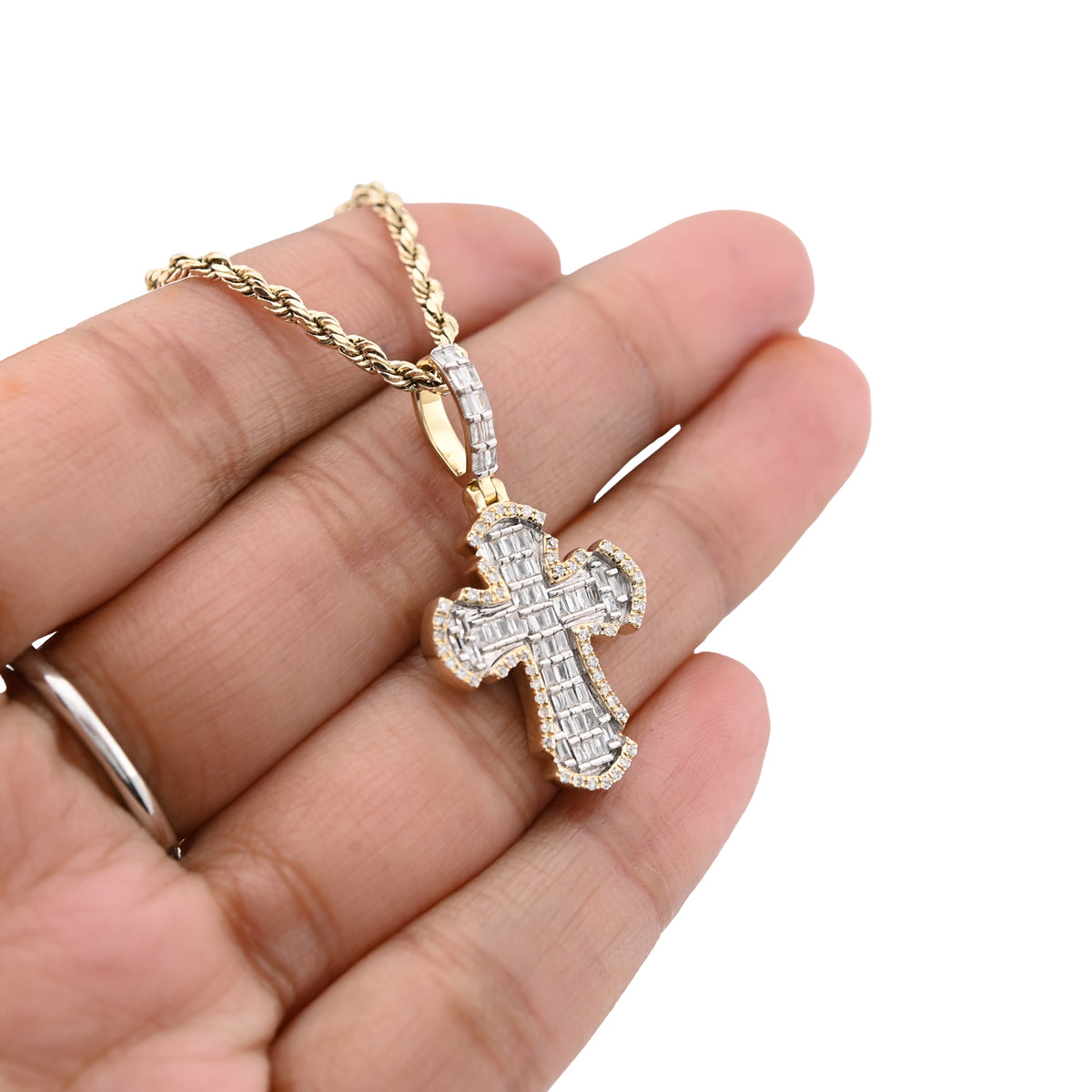 10K Yellow Gold Round & baguettes 0.43 CT natural Diamond Cross Charm 33.3 MM — view 3
