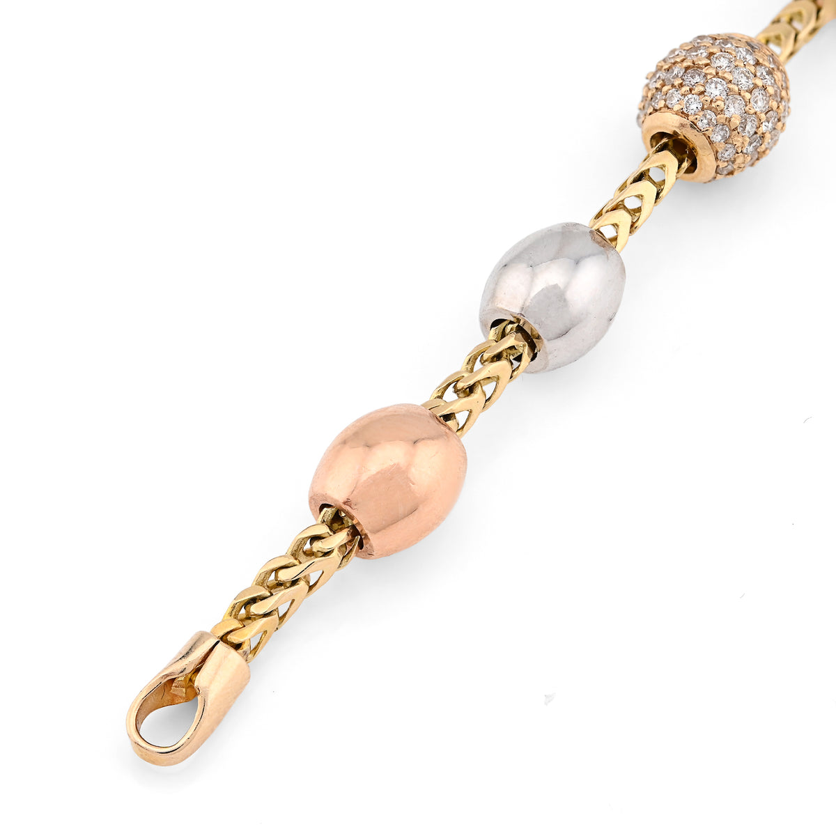 14K White/Yellow/Rose Gold 2.27CT Natural Diamond Round Bead Franco Link 41.4g Bracelet  — view 5