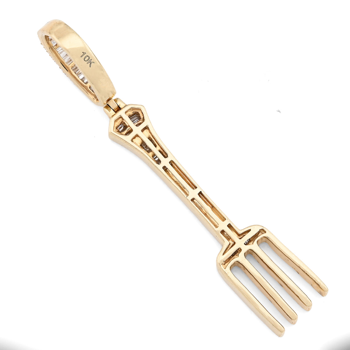 10K Yellow Gold 0.70Ct Natural Diamond Round/Baguette Fork Pendant 2.5" Men Women Pendant 7.8G — view 8
